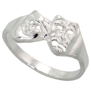 Sterling Silver Drama Masks Ring Polished finish 3/8 inch wide, sizes 6 - 9,